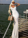 Strapless A Line Long Bandage Dress Black Mesh Patchwork Elegant Women Blackless Evening Party Gowns with Ribbon