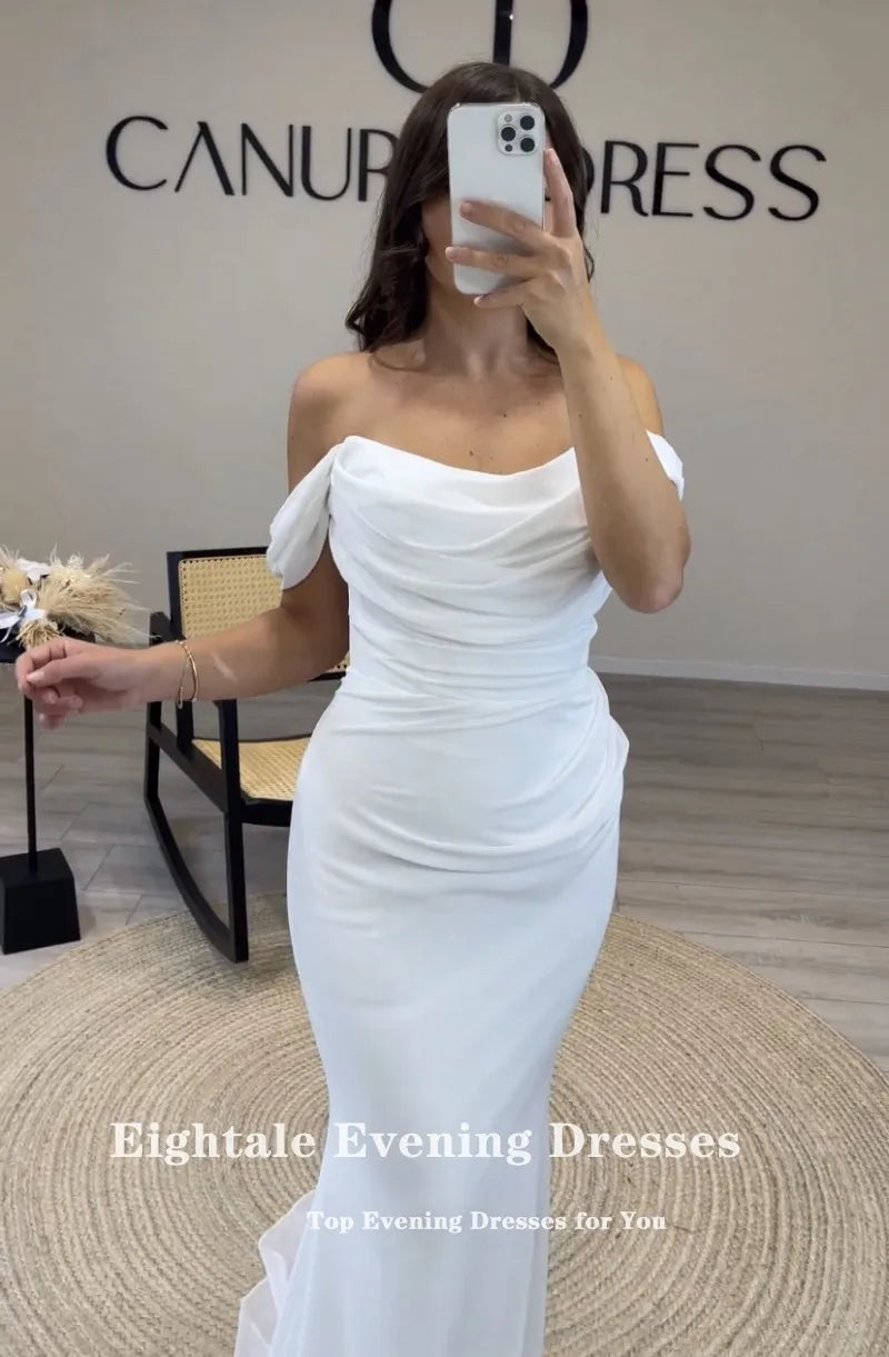 Gaun malam arab untuk pesta pernikahan di luar bahu lipatan putih sifon putri duyung formal gaun prom formal