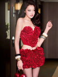 Fashion Passionate Red Two-Piece Set Dress Strapless Rose Embellished Crop Top and Mini Skirt Party Gown