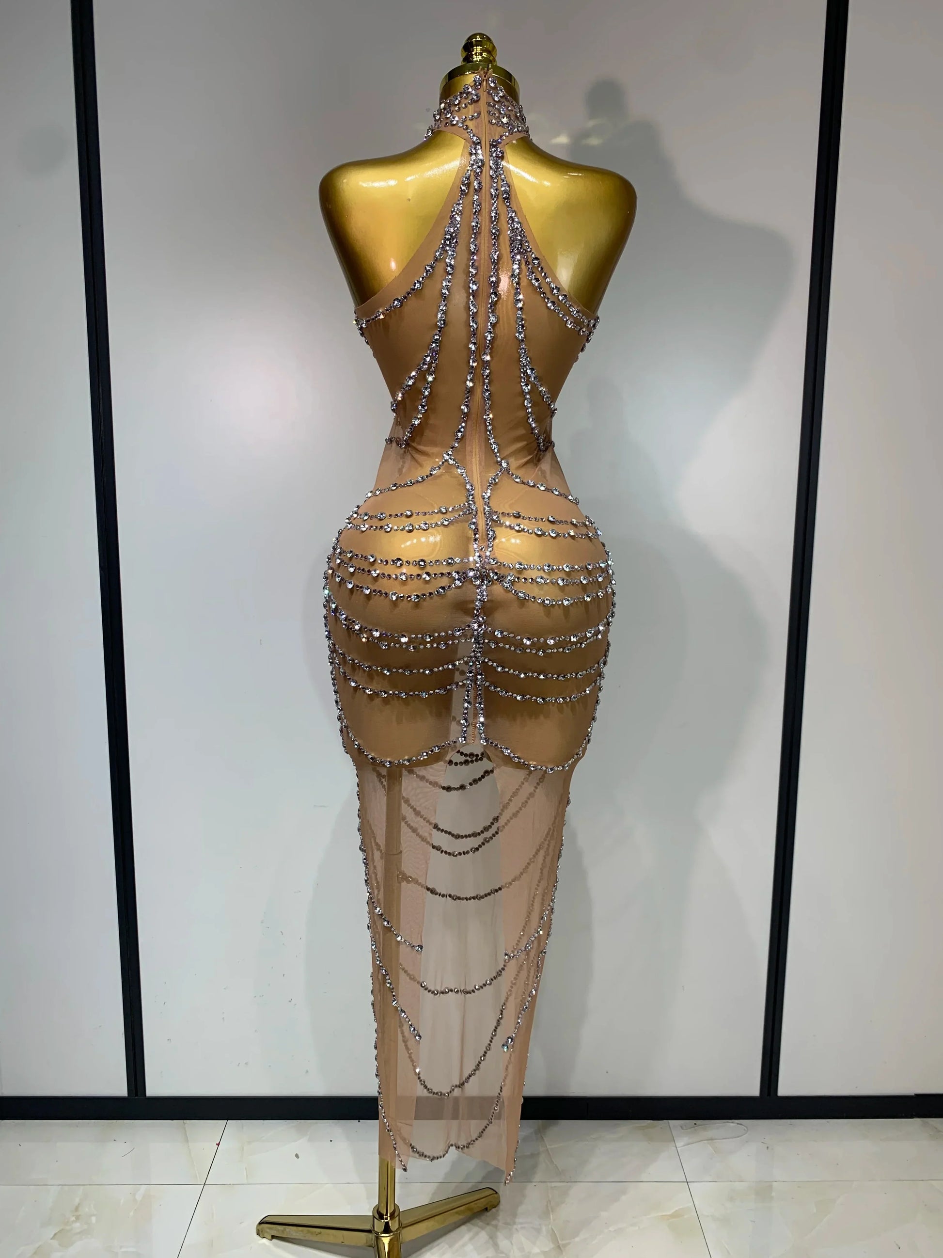 Luxury Rhinestone Sparkly Sexy Transparent Mesh Long Dress Women Birthday Party Gown Stage Singer Performance Costume