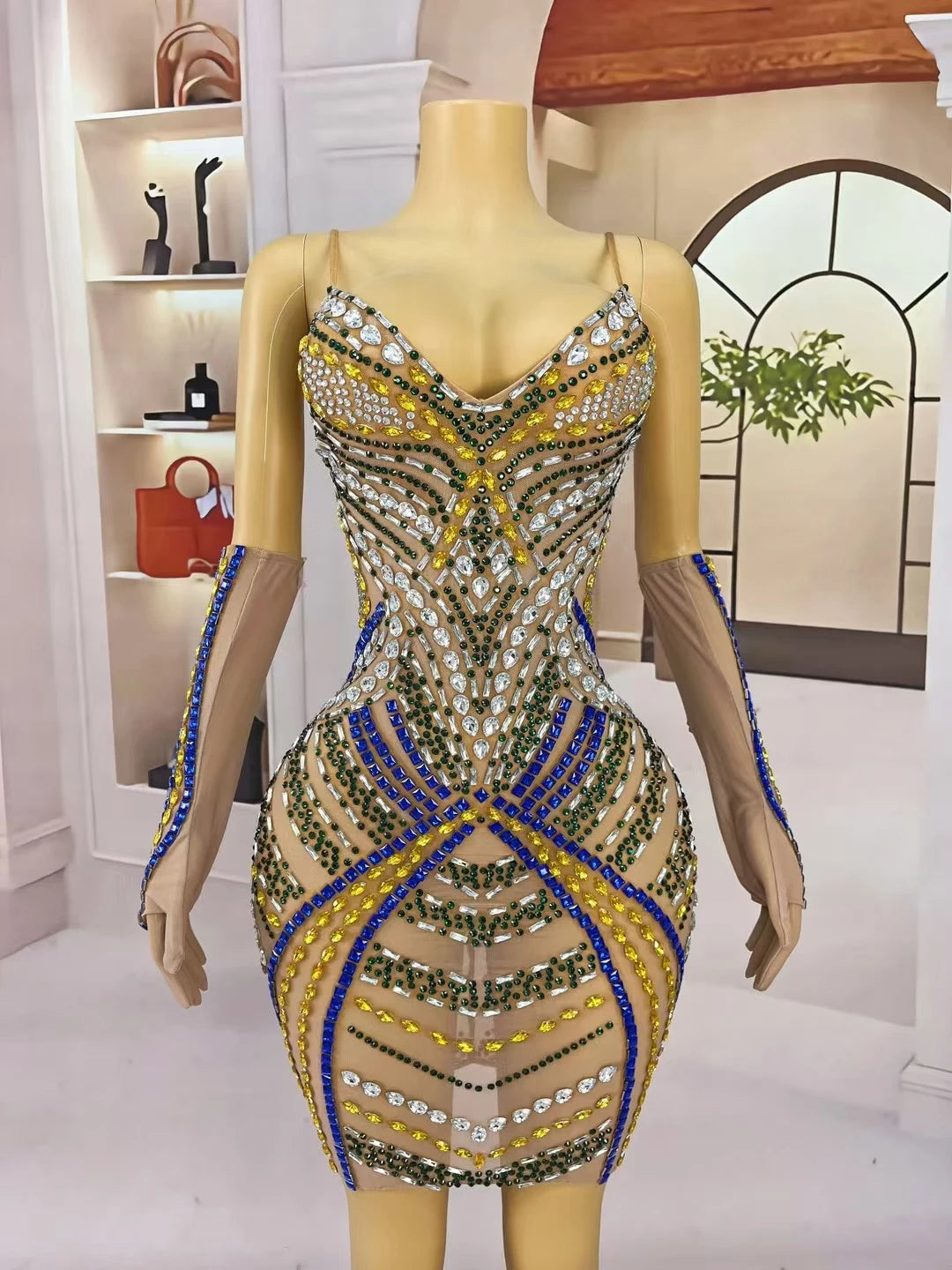 Sparkly Rhinestone Strap Deep V Neck Dress Elegant Women's Sexy Mini Dress with Gloves Birthday Celebrate Party Queen Jindie