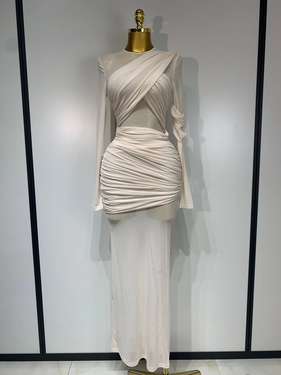 Elegant Mesh Fold Long Sleeve Bodycon Dress Women Evening Party Club Sexy Perspective Fashion Luxury Birthday Dresses Beige