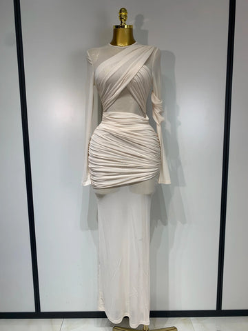 Elegant Mesh Fold Long Sleeve Bodycon Dress Women Evening Party Club Sexy Perspective Fashion Luxury Birthday Dresses Beige