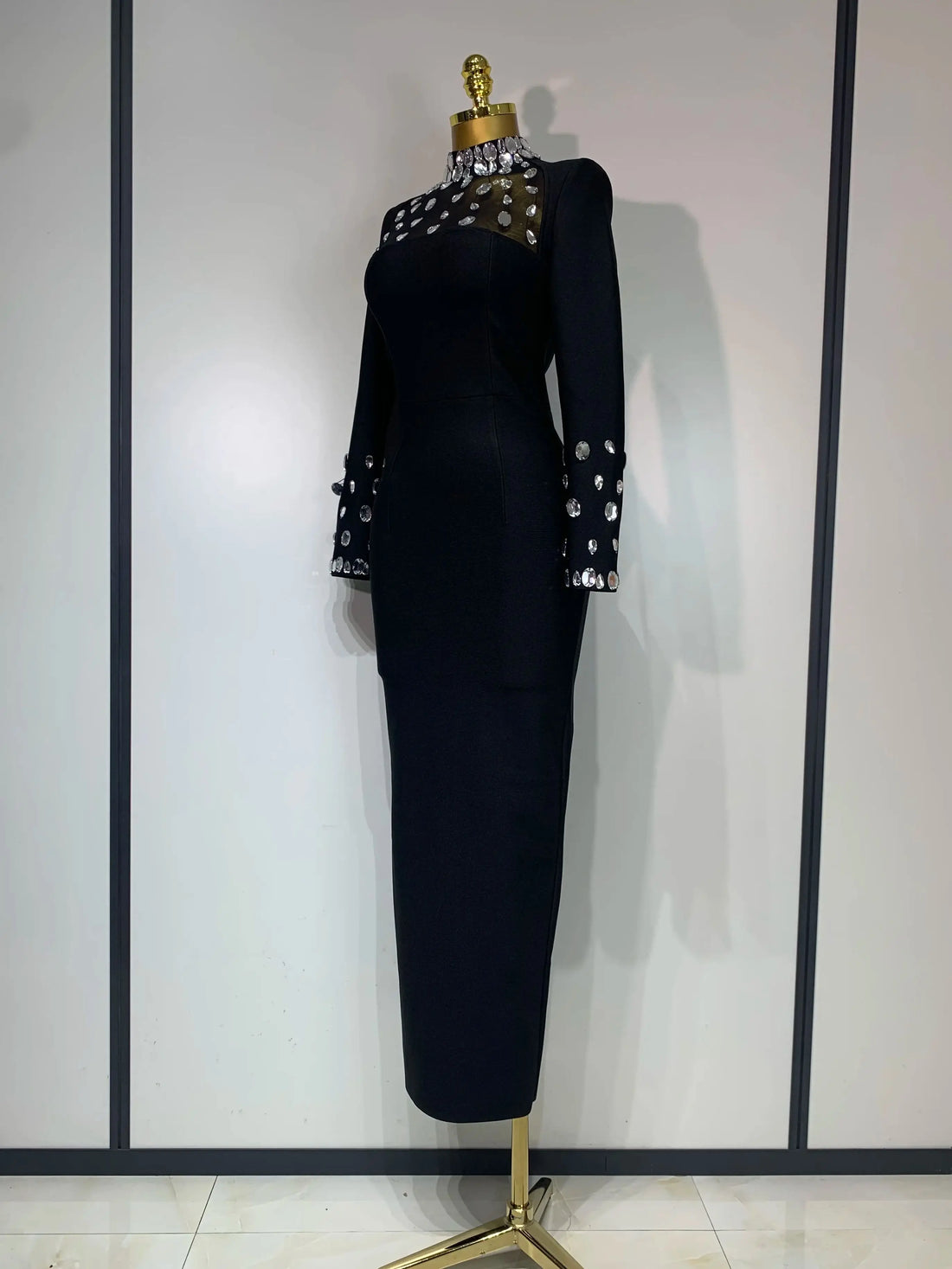 Luxury Birthday Dresses Sparkly Diamond Long Sleeve Black Bodycon Bandage Dress Women Wedding Evening Club Party Prom Gowns black