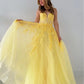 Yellow Lace Appliques Prom Dresses Tulle A-line vestidos de noche Elegant Puffy Sleeves Spaghetti Strap Formal Evening