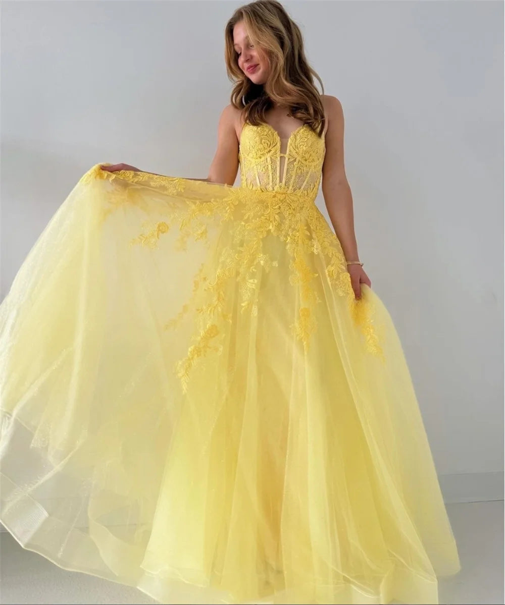 Yellow Lace Appliques Prom Dresses Tulle A-line vestidos de noche Elegant Puffy Sleeves Spaghetti Strap Formal Evening