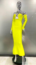 Winter Yellow Green Shining Diamonds Sexy V-Neck off The Shoulder Mermaid Long Dress Fashion Woman Evening Party Vestido
