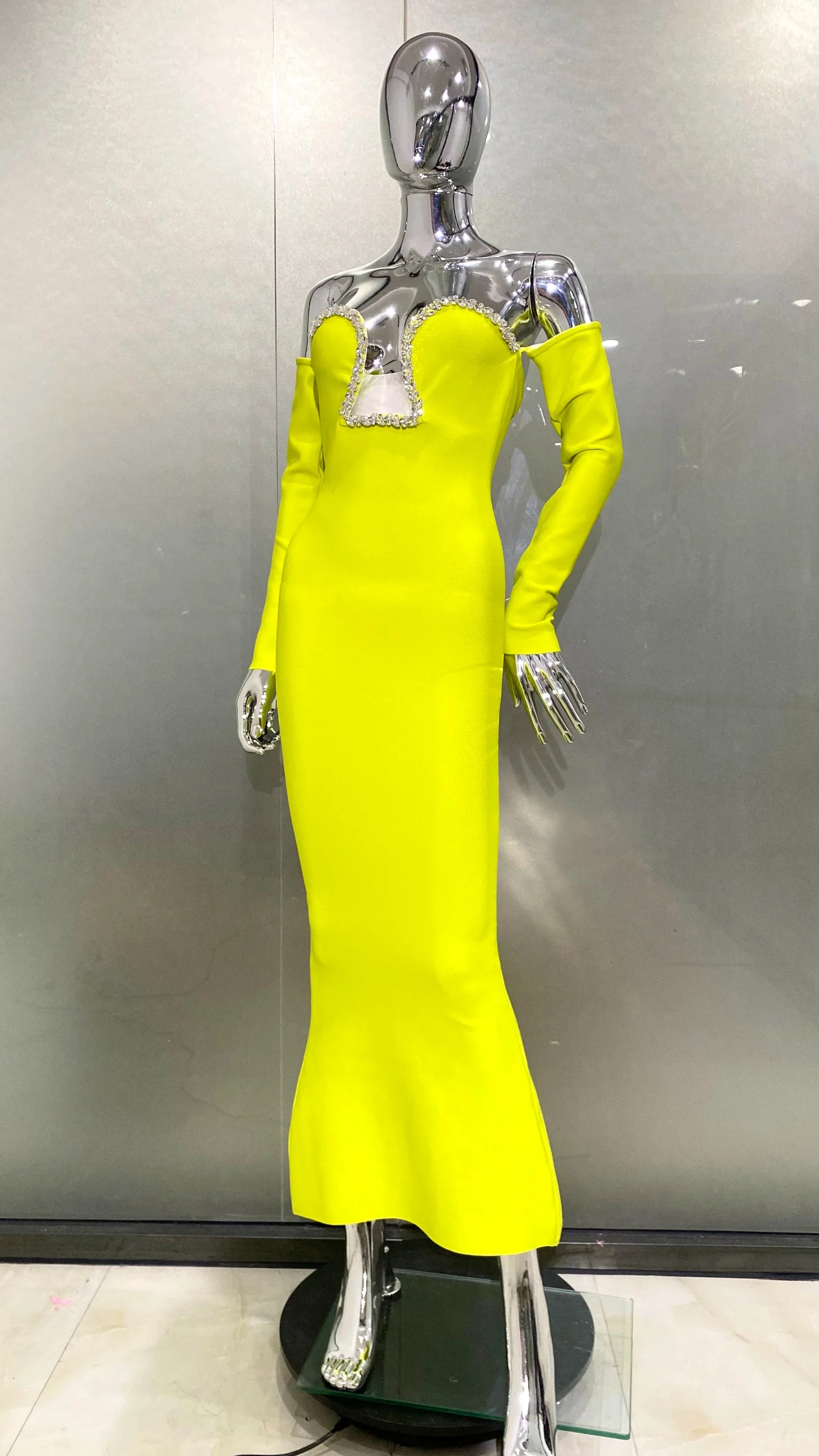 Winter Yellow Green Shining Diamonds Sexy V-Neck off The Shoulder Mermaid Long Dress Fashion Woman Evening Party Vestido
