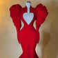 Sweet Red Mermaid Formal Party Dresses Ruffled Puff Sleeves Stretch Satin Prom Dress Rhinestones Cut-out Wedding Bridal Dress
