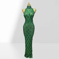 Woman Birthday Party Outfit Club Performance Costume Sparkling Diamond Green Sequins Sexy Mesh see Through Ankle Length Dress