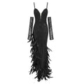 Black Pearls Long Dress Spaghetti Straps Sweetheart Neck Feathers Embellished Split Sequins Party Evening Gown With Gloves black
