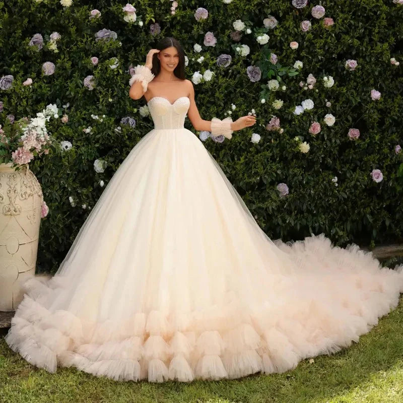 Bohomia – robe de mariée princesse, épaules dénudées, ligne a, dos nu, froncée, en Tulle, à plusieurs niveaux 