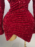 Sexy Sparkly Red Sequins Long Sleeve Short Dress Women Evening Celebrate Birthday Party Club Performance Stage Costume