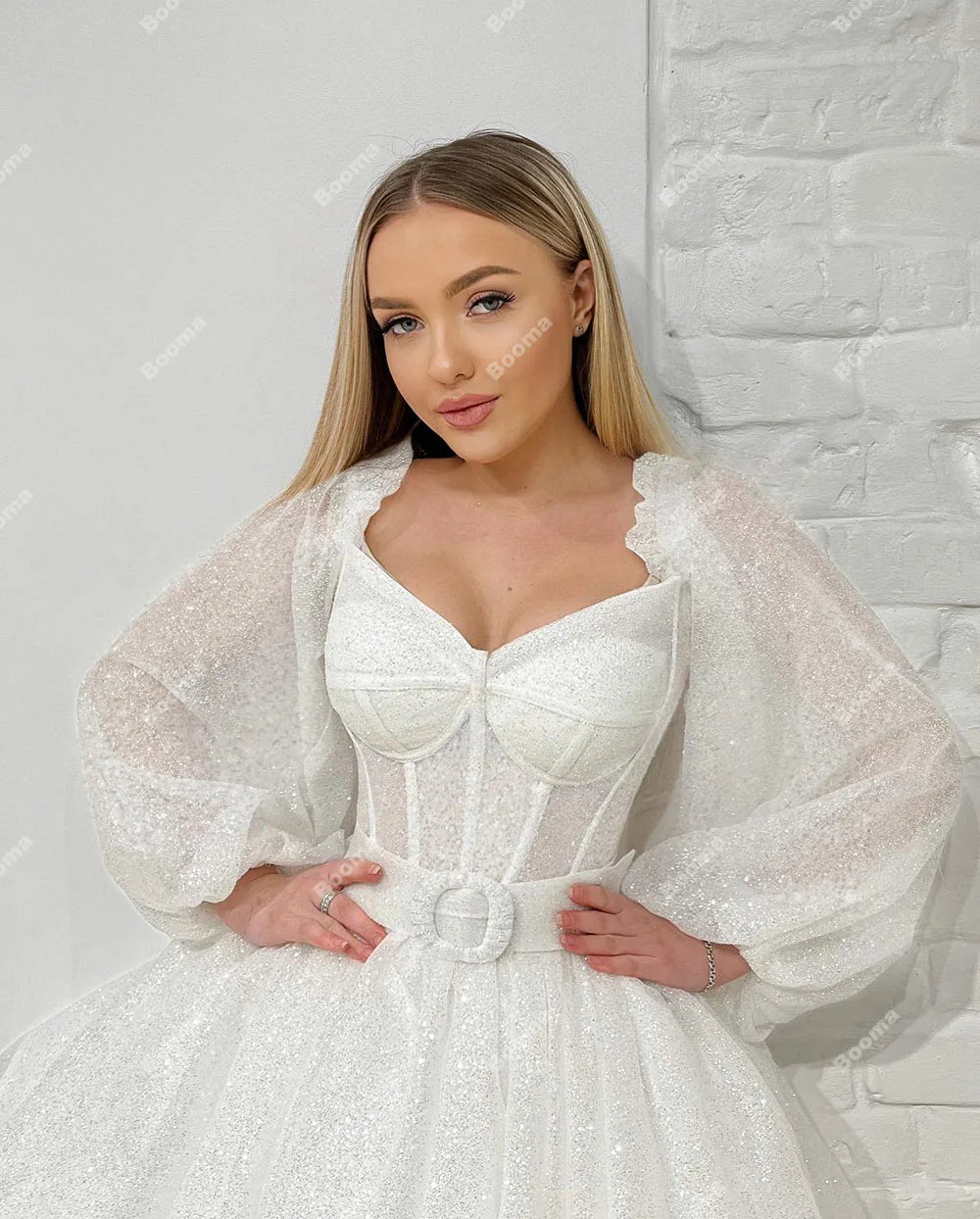 Shiny A Line Short Women Wedding Party Dresses Off Shoulder Boning Corset Long Puff Sleeves Bridal Party Gowns Prom Dress