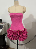Sexy Women'S Floral Mini Skirt Set Strapless Sleeveless Fishbone Backless Drawstring Vest+Mini Skirt Two-Piece Set Rose Red