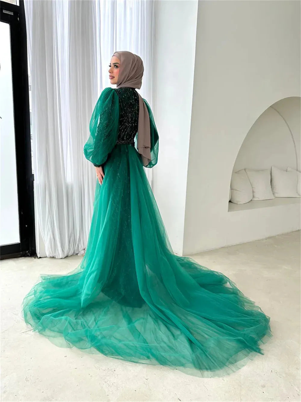 Muslim Mermaid Prom Dress Puff Sleeve Beaded فساتين مناسبة رسمية Elegant Plus Size Vestidos De Noche as pic