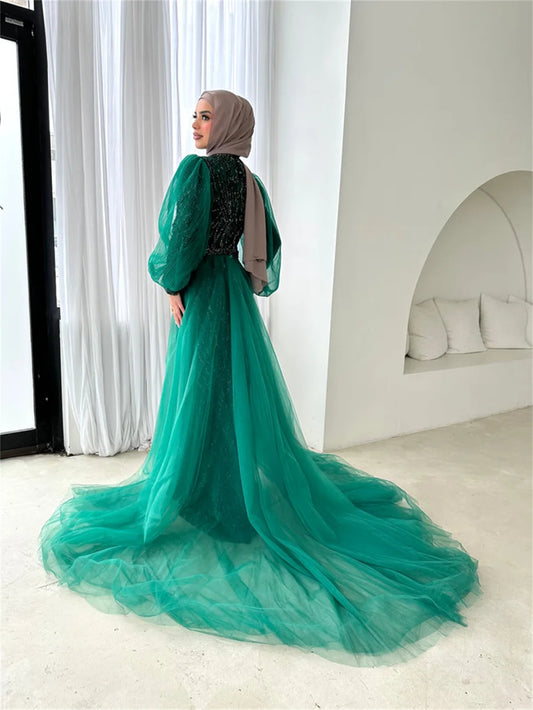 Muslim Mermaid Prom Dress Puff Sleeve Beaded فساتين مناسبة رسمية Elegant Plus Size Vestidos De Noche