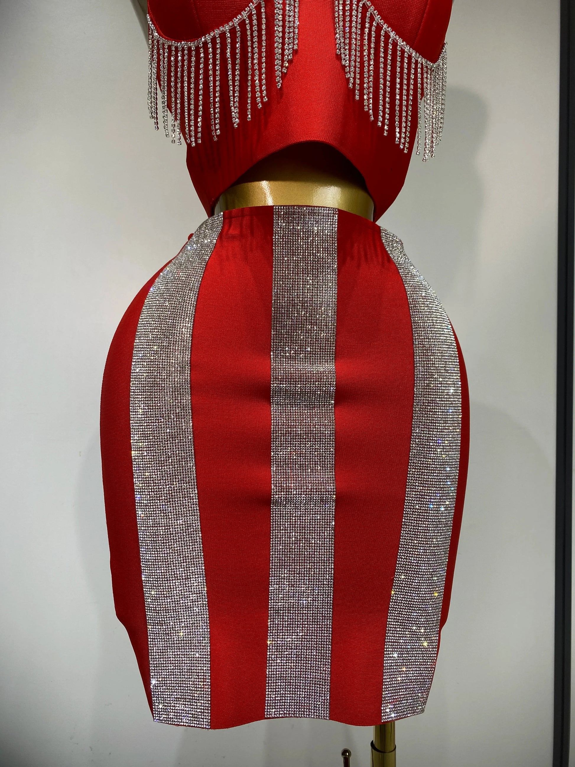 Women Sexy Sling Backless Tassels Bandage Skirt Two Piece Set Knitted Celebrity Elegant Evening Luxury Birthday Dresses