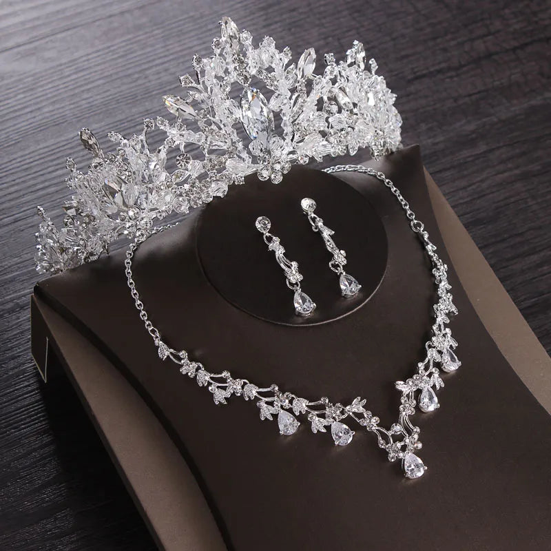 Luxury Silver Color Crystal Water Drop Bridal Jewelry Sets Rhinestone Tiaras Crown Necklace Earrings Wedding Dubai Jewelry Set TS-0179-I-XL-0002-A Tiaras