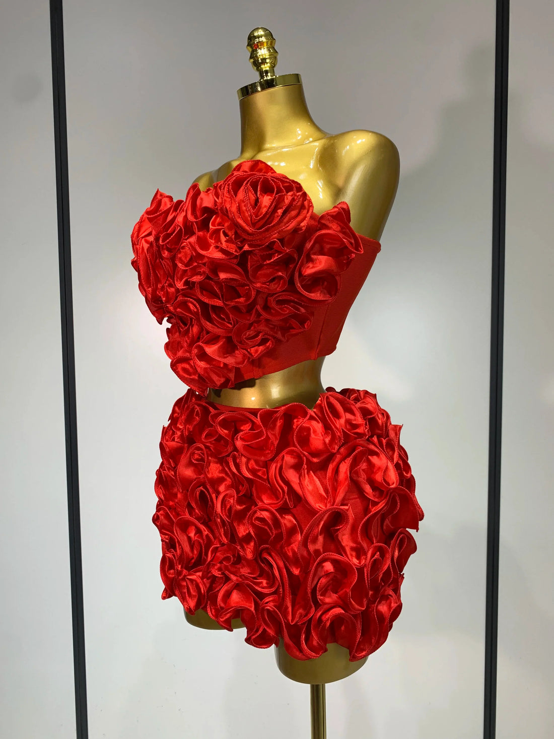 Women Sexy Strapless Red flower Top With Mini Skirt Bodycon Bandage Suit Celebrity Party Cocktail Birthday Two Pieces Set Red