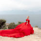 Wine Red Flying Prom Dresses Off the Shoulder فساتين السهرة Elegant Sleeveless Cathedral Train vestidos verano moda