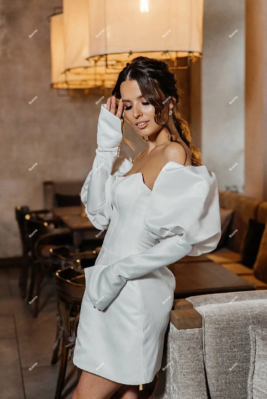 A-Line Mini Wedding Party Dresses Off Shoulder Puff Sleeves Short Brides Dress for Women Stain Simple Bridal Cocktai Gowns