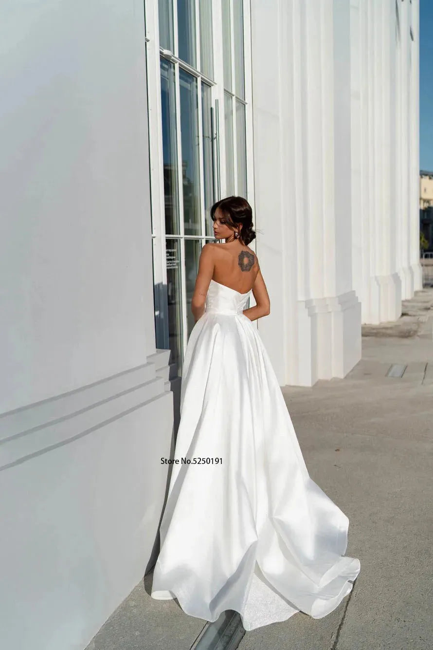 Popular V-neck Pleat A Line Wedding Dresses Big Bow Side Slit Floor Length Vestido de Noiva Bridal Gowns Ivory