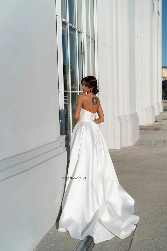 Popular V-neck Pleat A Line Wedding Dresses Big Bow Side Slit Floor Length Vestido de Noiva Bridal Gowns