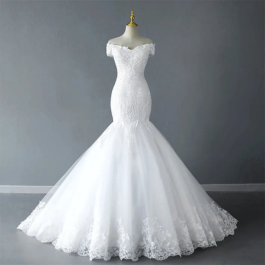 Nowe suknie ślubne Boho z ramion syrenka ślubna Suknia ślubna luksusowa koronkowa sukienka trąbka