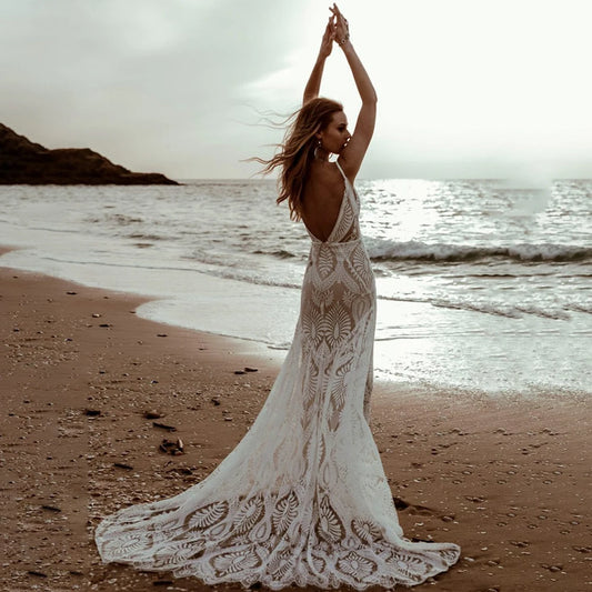Dream Sexy Lace V Neck Beach Mermaid Vestres de noiva de espaguete com tiras sem mangas vestidos de noiva
