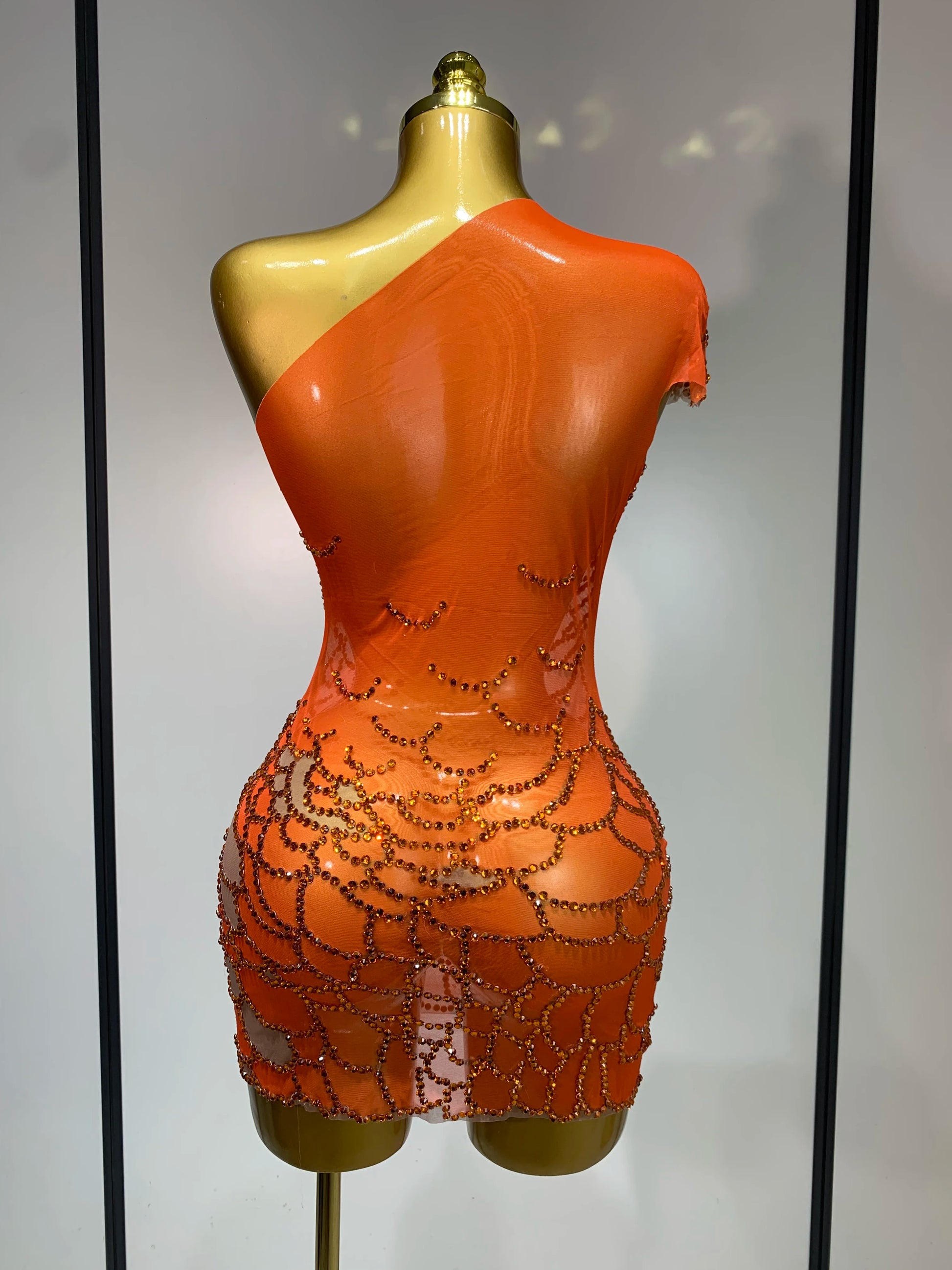 Women Sexy Mesh See Through One Shoulder Rhinestones Stage Costume Singer Nightclub Evening Party Luxury Birthday Mini Dresses