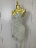 Luxury Sparkle Diamond Tassel Halter Cocktail Dress Women Elegant Evening Formal Gowns Wedding Party Dresses Stage Costumes