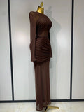 Elegant Brown Mesh Fold Long Sleeve Bodycon Dress Women Evening Party Club Sexy Perspective Fashion Luxury Birthday Dresses