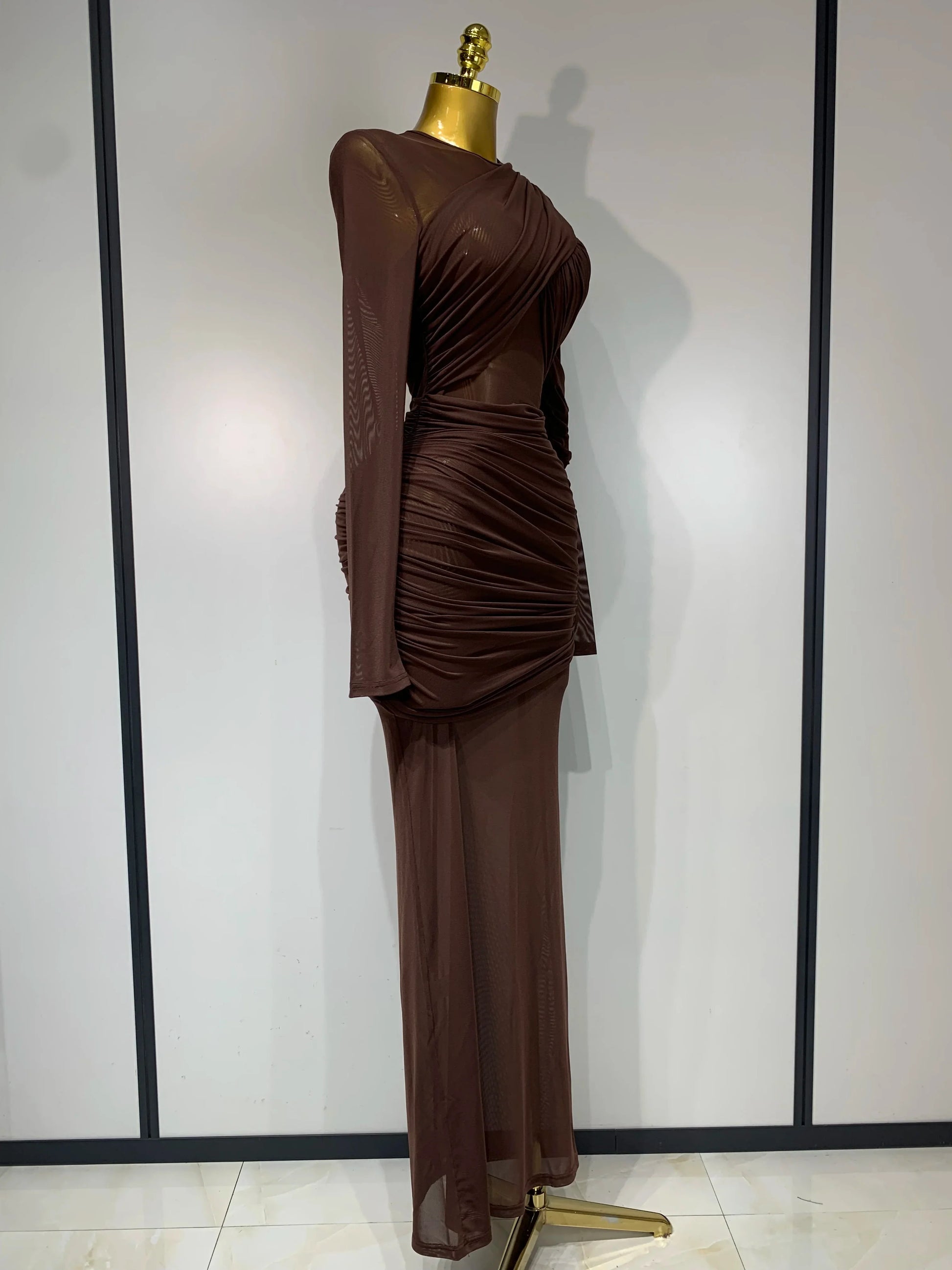 Elegant Brown Mesh Fold Long Sleeve Bodycon Dress Women Evening Party Club Sexy Perspective Fashion Luxury Birthday Dresses