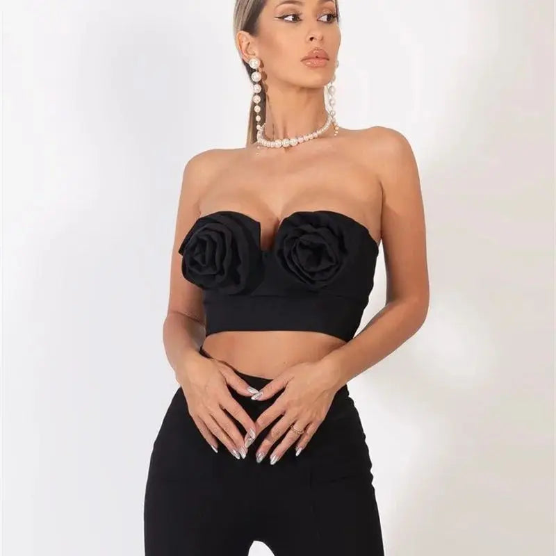 Stylish Sexy Woman Item Stereoscopic Flowers Strapless Top Summer Party Music Festival Vestido Holiday Vocation Outfit