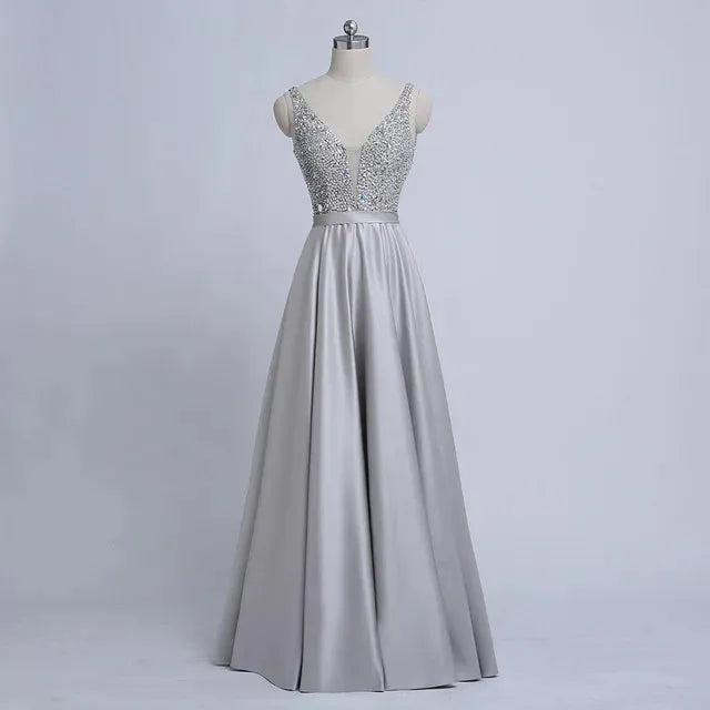 Luxury Diamonds Evening Wedding Guest Long Party Dresses For Women Summer Sexy Deep V Neck Bridesmaid Birthday Maxi Dress Gray Floor length | cn