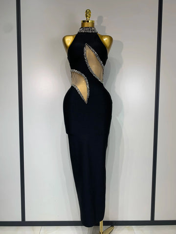 Women Sexy Rhinestone Black Sleeveless Mesh Patchwork Stretch Bodycon Bandage Party Dresses Elegant Birthday Dress black