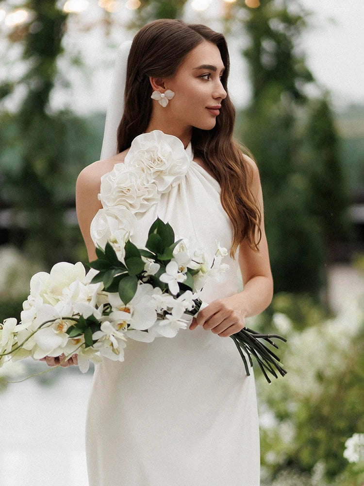 White Satin Halter Backless Long Dress For Women Sleeveless Flowers Embellished Slim Prom Elegant Evening Party Gowns