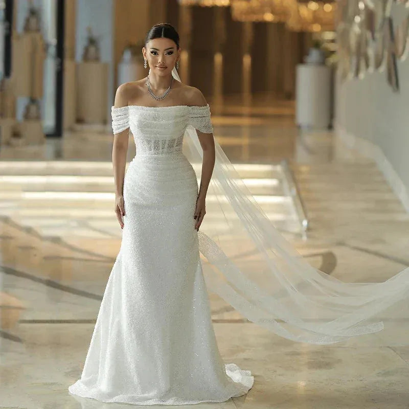 Elegant Mermaid Wedding Dresses Off The Shoulder Sequines Bridal Dress Boho Beach Wedding Prom Ball Gowns Customized