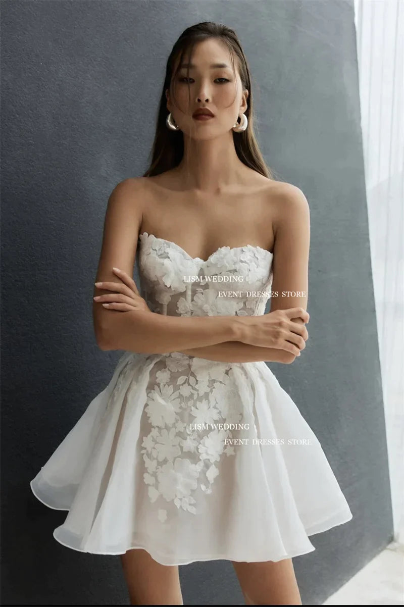 Gaun pengantin mini seksi a-line bunga renda kekasih gaun pengantin tanpa lengan wanita jubah de perkahwinan parti perkahwinan