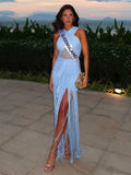 Sleek Light Blue Sleeveless Dress with Fringe Ruched Waist And Mesh Detail Soft Summer Vacation Gown for Women