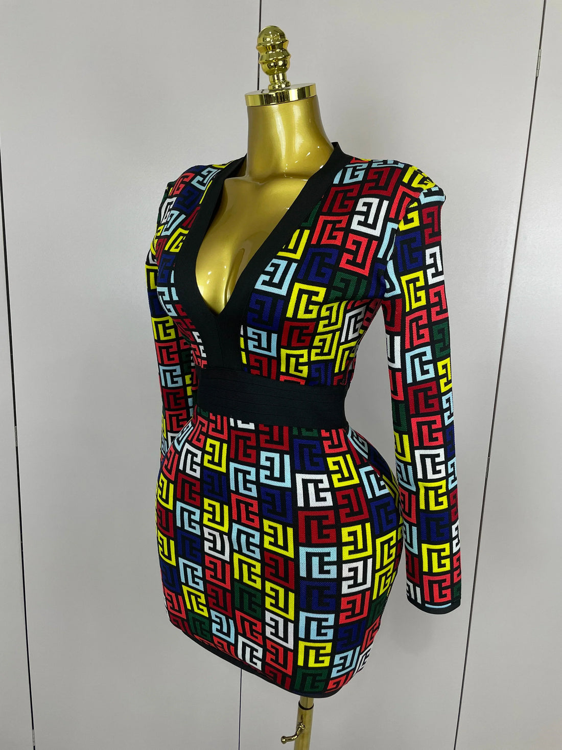 Sexy V-Neck Long Sleeve Bodycon Jacquard Short Bandage Dress Women Elegant Evening Luxury Birthday Party Cocktail Outfit MULTI