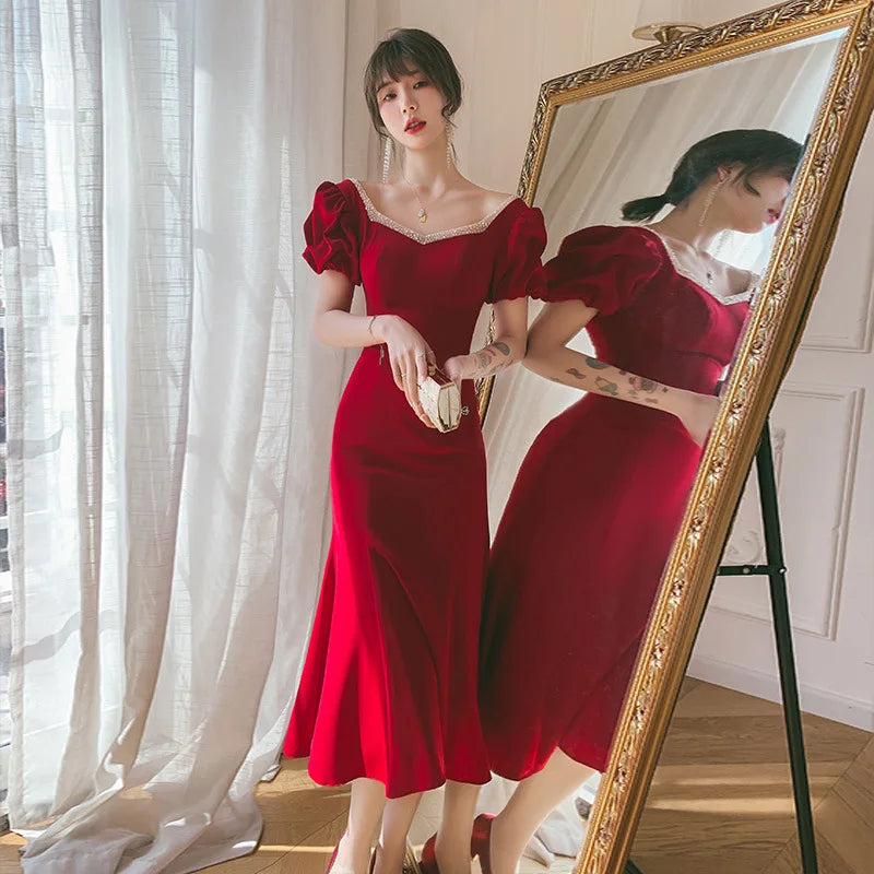 Gaun pengantin satin merah untuk pengantin formal elegan puff lengan malam tamu midi pesta panjang musim panas gaun wanita formal vestidos