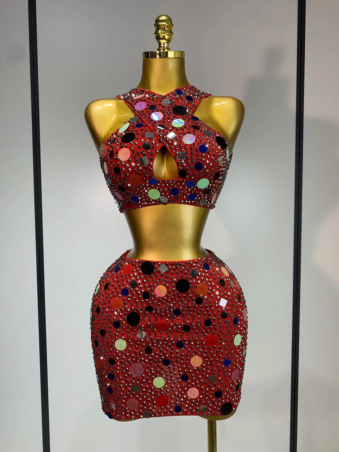 Luxury Rhinestone Sequin Sexy Two Piece Set Fashion Nightclub Sparkly Perform Stage Costume Birthday Dress Red