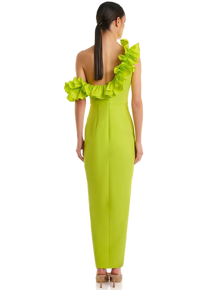 Maxi Dress Fashion Nova Lime Green Dress One Shoulder Ruffle Maxi Dress  Neon Green Luxe Maxi