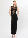 Cool Fashion Black White Sheer Mesh Sleeveless O-Neck Ankle Dress for Party Date Night Evening Gown black