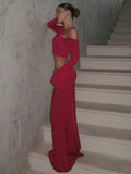 Chic One-Shoulder Crop Top and Maxi Skirt Ensemble with Floral Accents for a Special Occasion Evening Gown