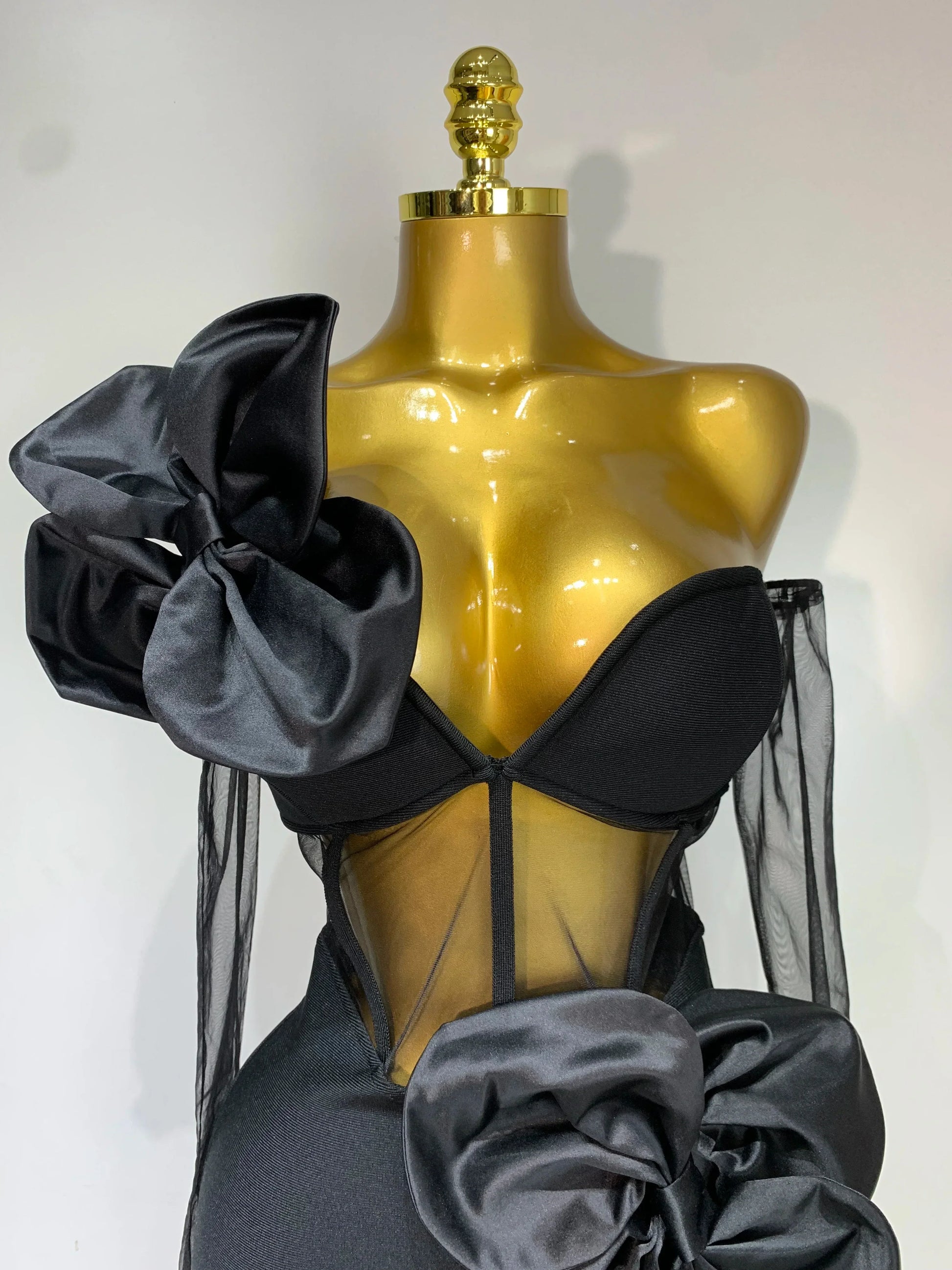 Women Sexy One Shoulder Bow Mesh See Through Bandage Bodycon Dress With Gloves Black Sleeveless Elegant Party Birthday Dresses