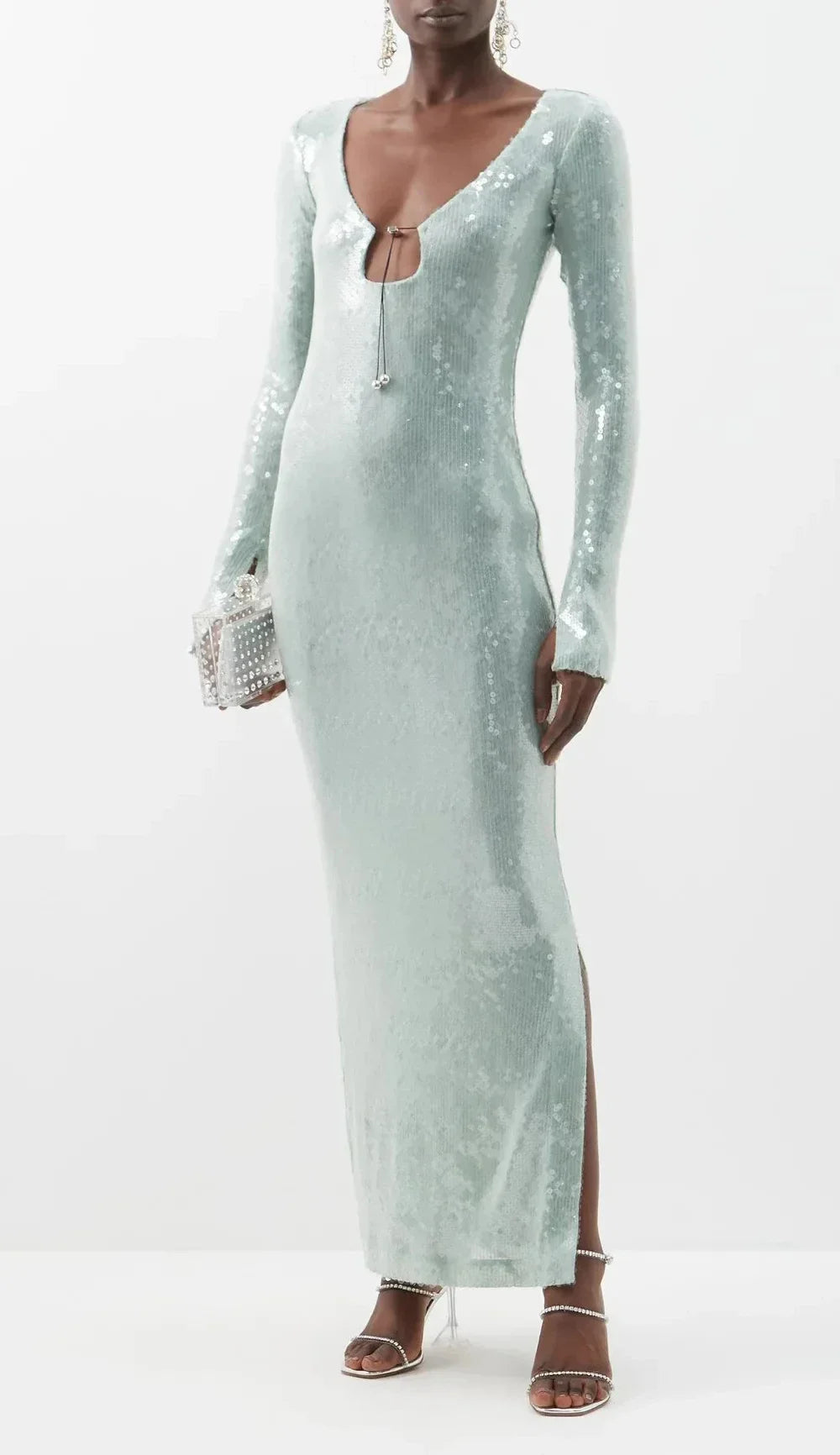 Autumn Sparkling Sequins Sexy V-Neck Hollow Out Aklen Length Dress Fashion Woman Evening Party Outfit