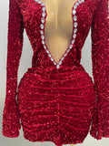 Sexy Shiny Red Sequins Rhinestones Sheath Mini Dress Women Evening Birthday Party Nightclub Stage Performance Costume